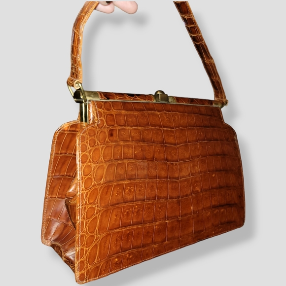 VINTAGE 1950s Industria Argentina Caiman Alligator Leather Purse Cognac Brown - Picture 3 of 17